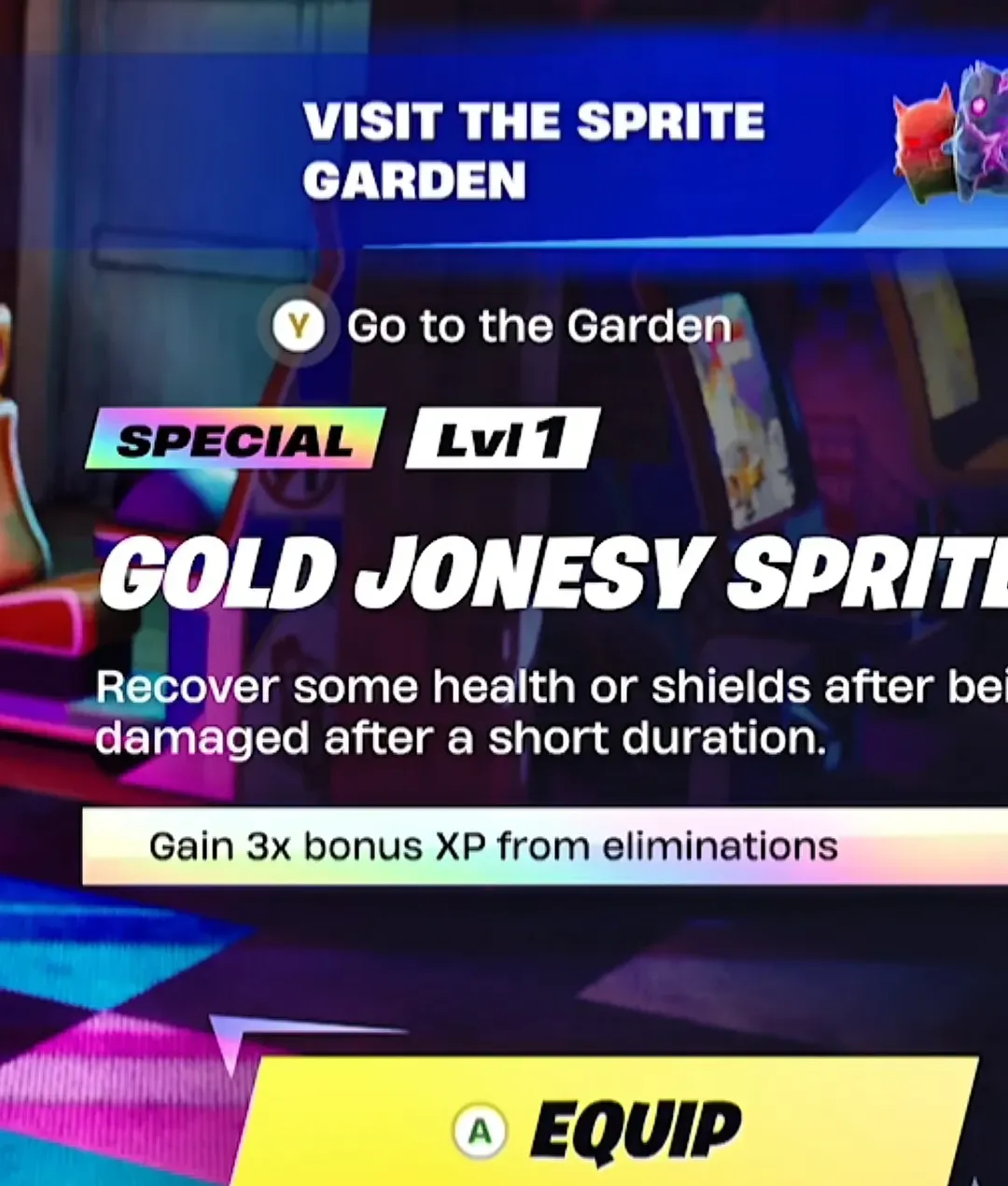 Gold Jonesy Sprite item screen showing the Equip prompt and Special Level 1 tag