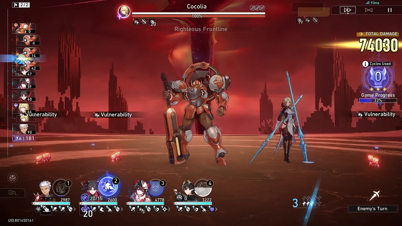 Turn-based fight against Cocolia with Vulnerability active and 74,030 total damage