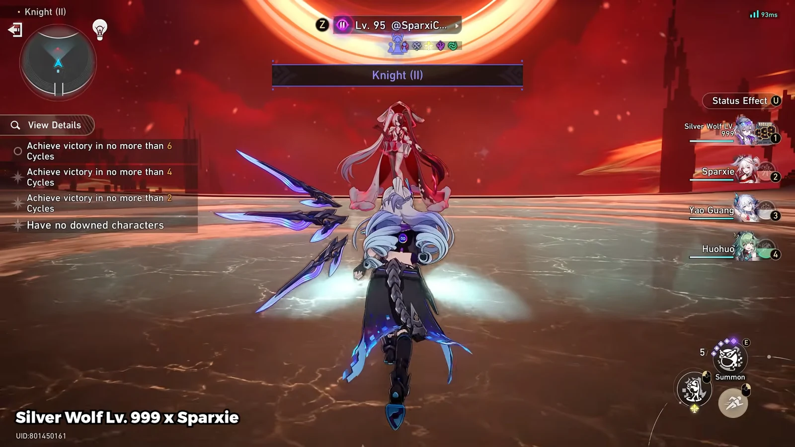 Knight 2 screen with Silver Wolf facing the boss and the Summon control available