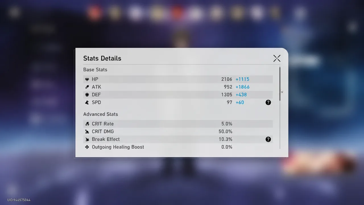 Stats Details panel showing Base Stats and Advanced Stats for a character