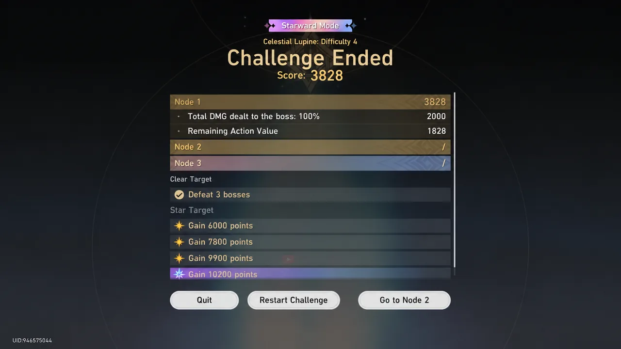 Challenge Ended results screen after Node 1 with the option to continue to Node 2