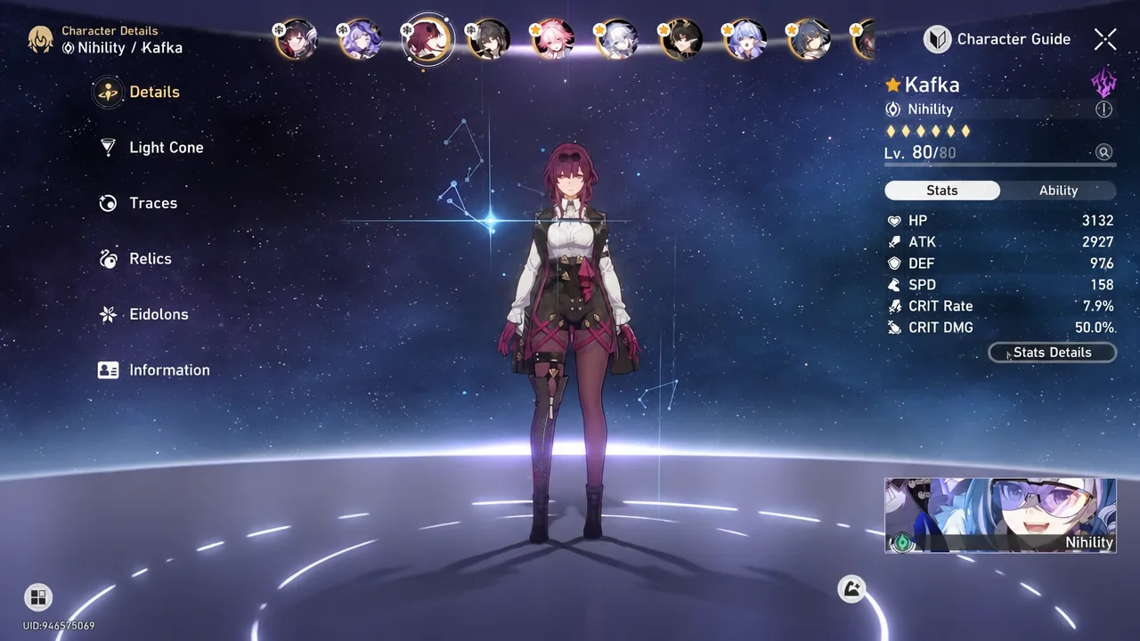 Character Details screen open on Kafka's stats tab