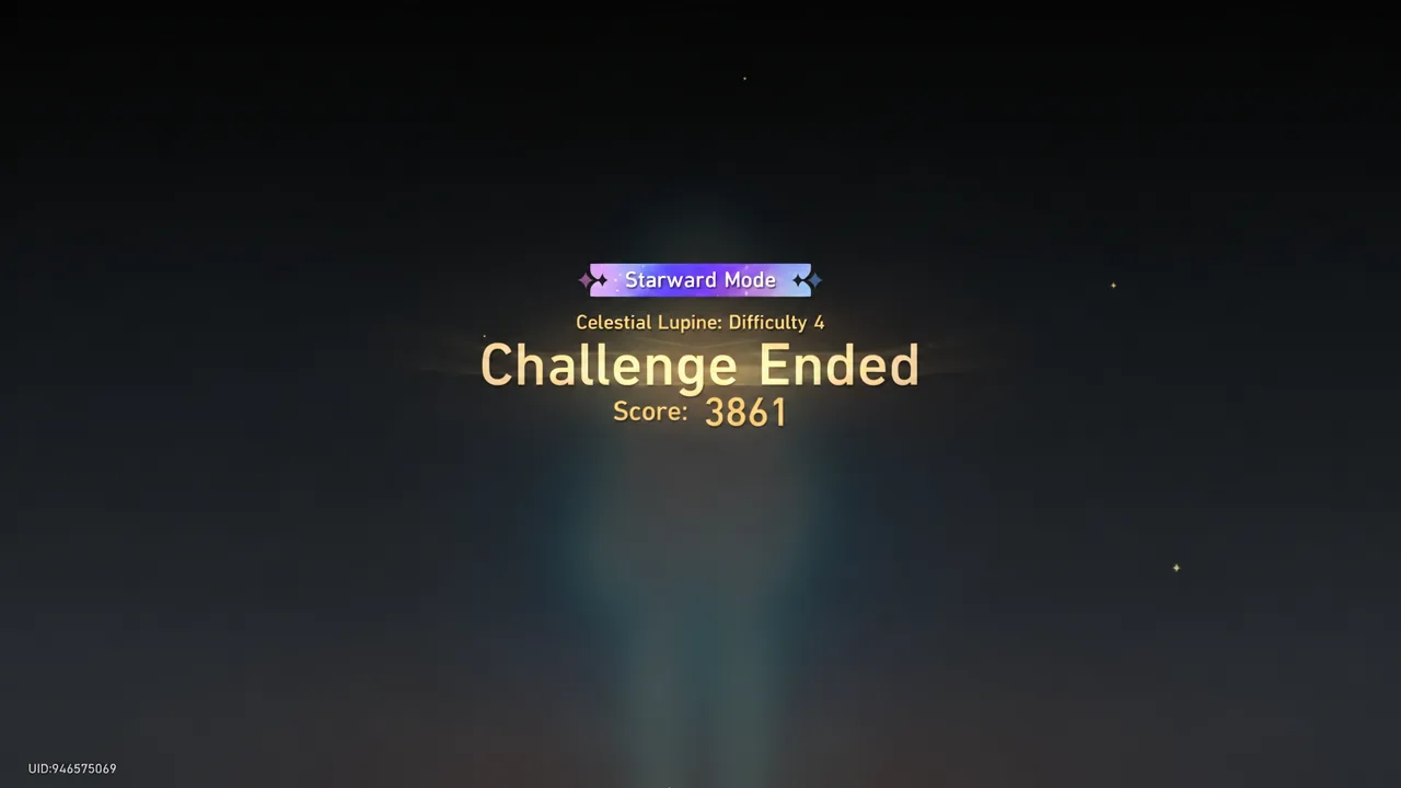 Node 2 Challenge Ended screen showing Starward Mode, Celestial Lupine Difficulty 4 and a 3,861 score