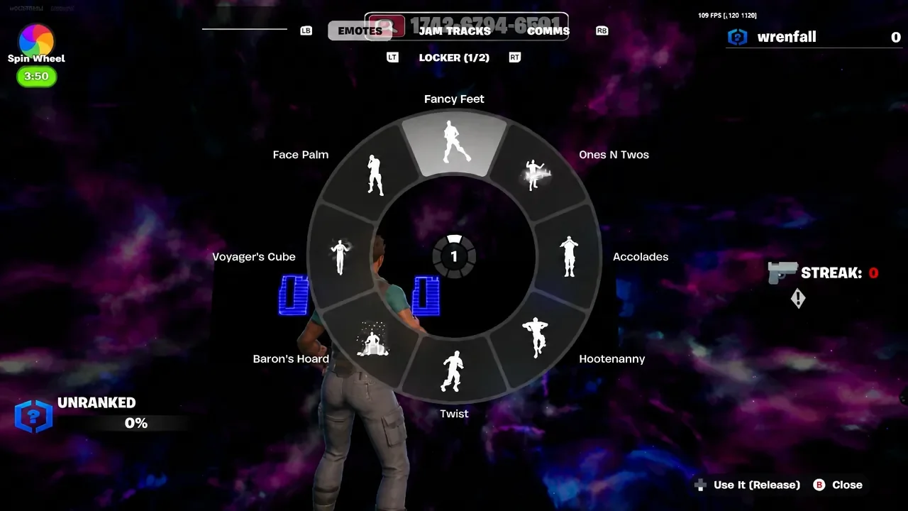 Fortnite emote wheel open with Fancy Feet selected before the timer skip