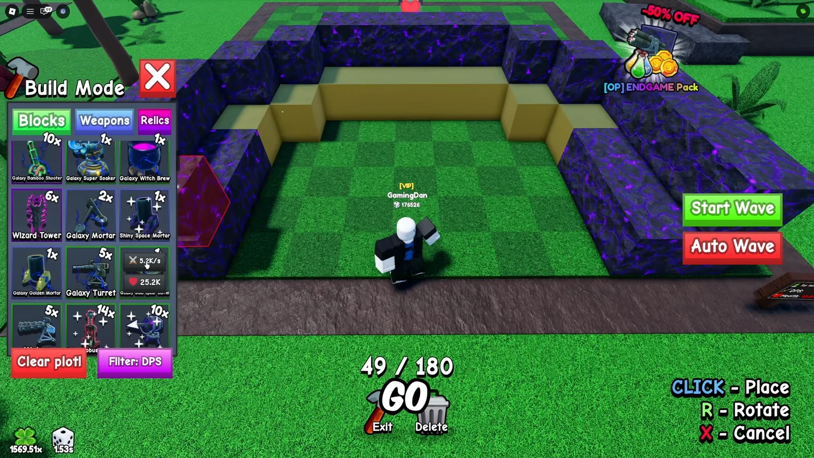 Galaxy Turret selected in Build Mode with its placement preview on the plot