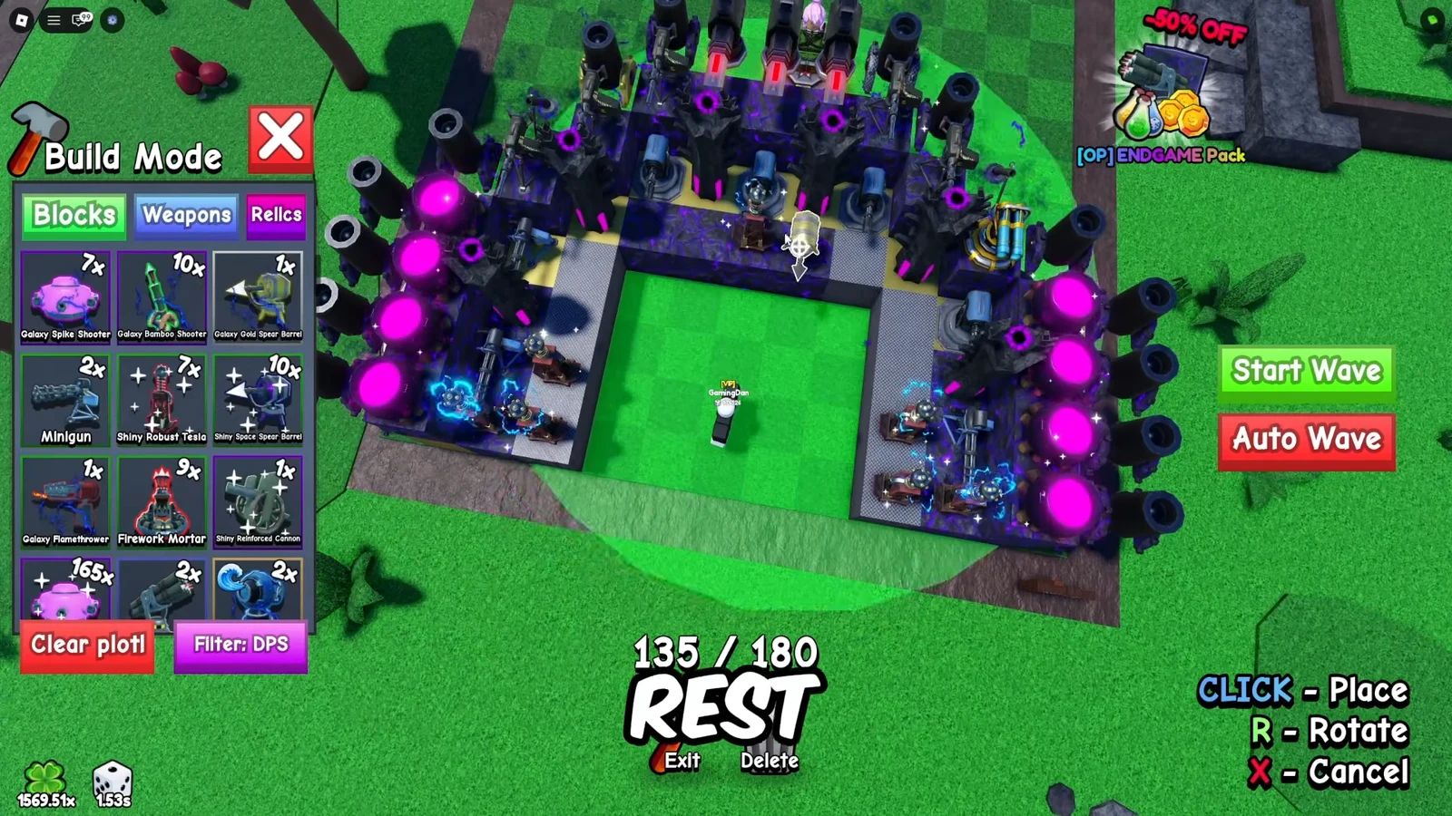 Block placement preview on the plot with rotation and cancel controls visible