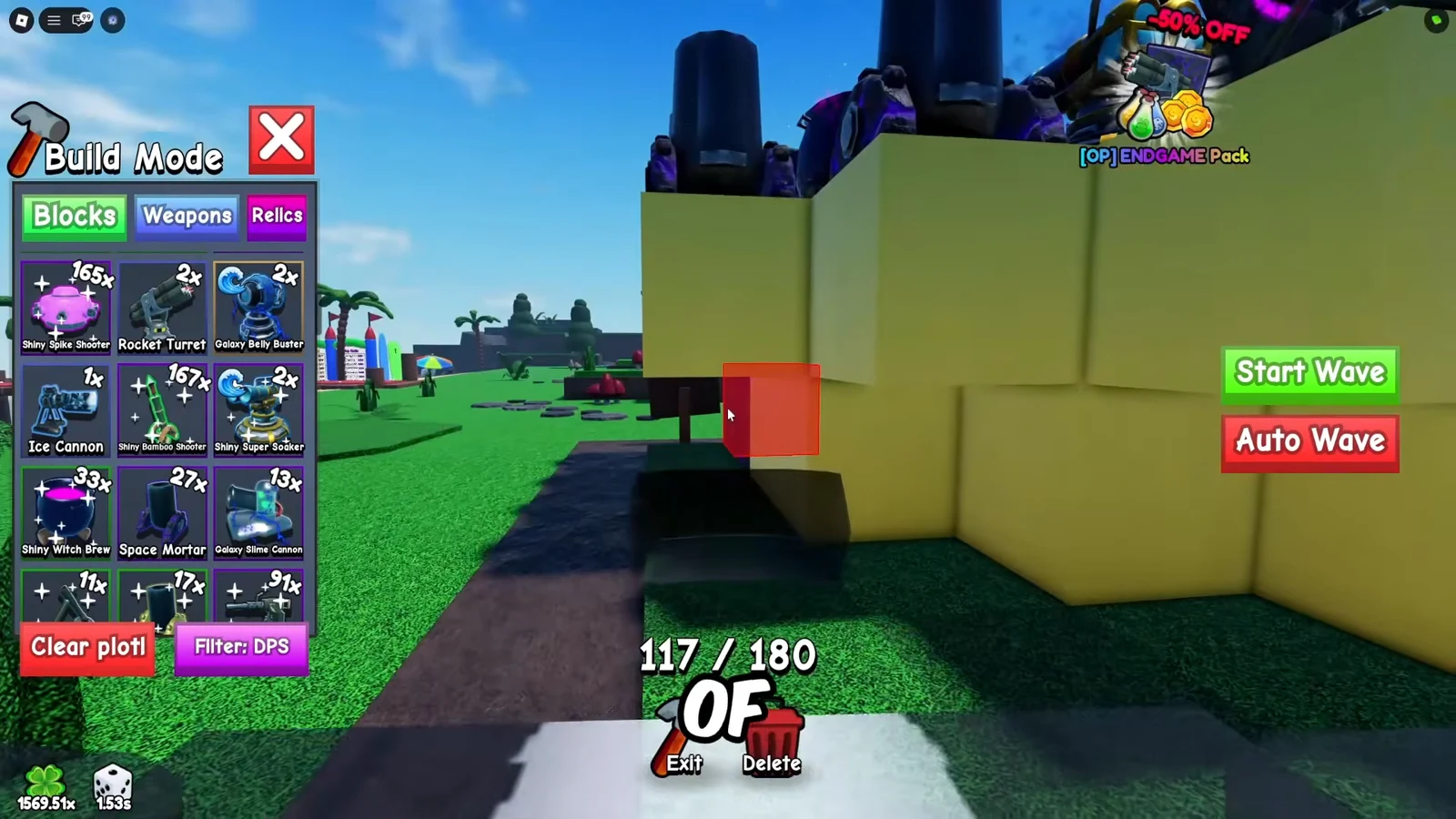 Translucent red block preview positioned beside the existing structure in Build Mode