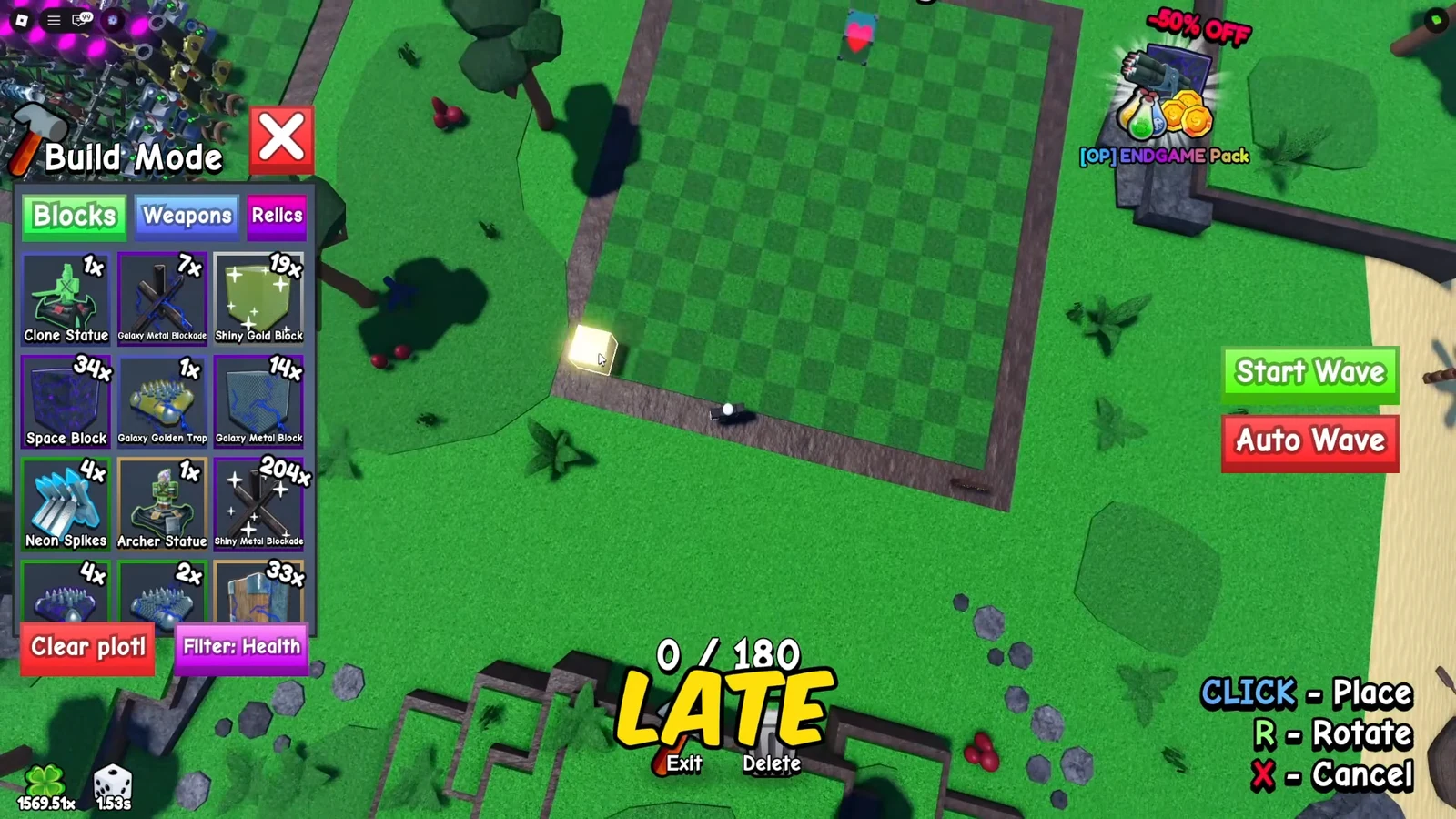 Blocks tab open with a Shiny Gold Block selected and placed on the plot