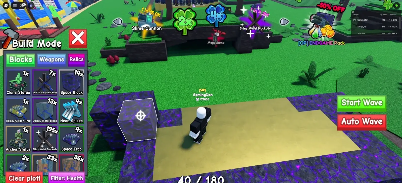 Build Mode Blocks tab with Space Block selected and a translucent placement preview on the plot