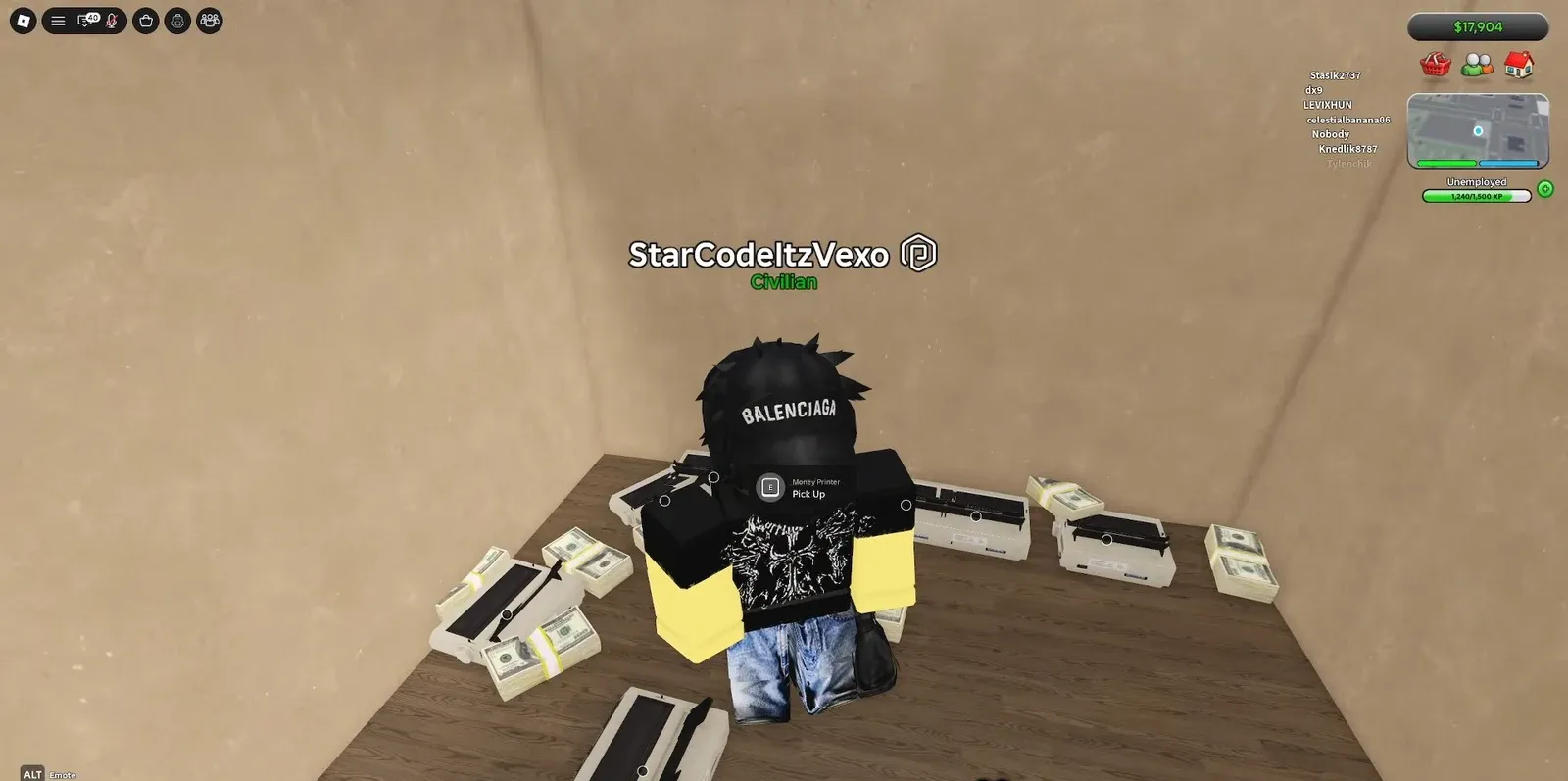 Money Printer pickup prompt highlighted as the player prepares to place a printer