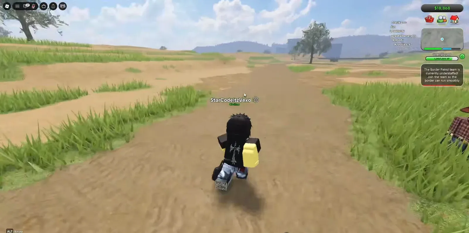 Avatar running along a dirt path near a Border Patrol join prompt