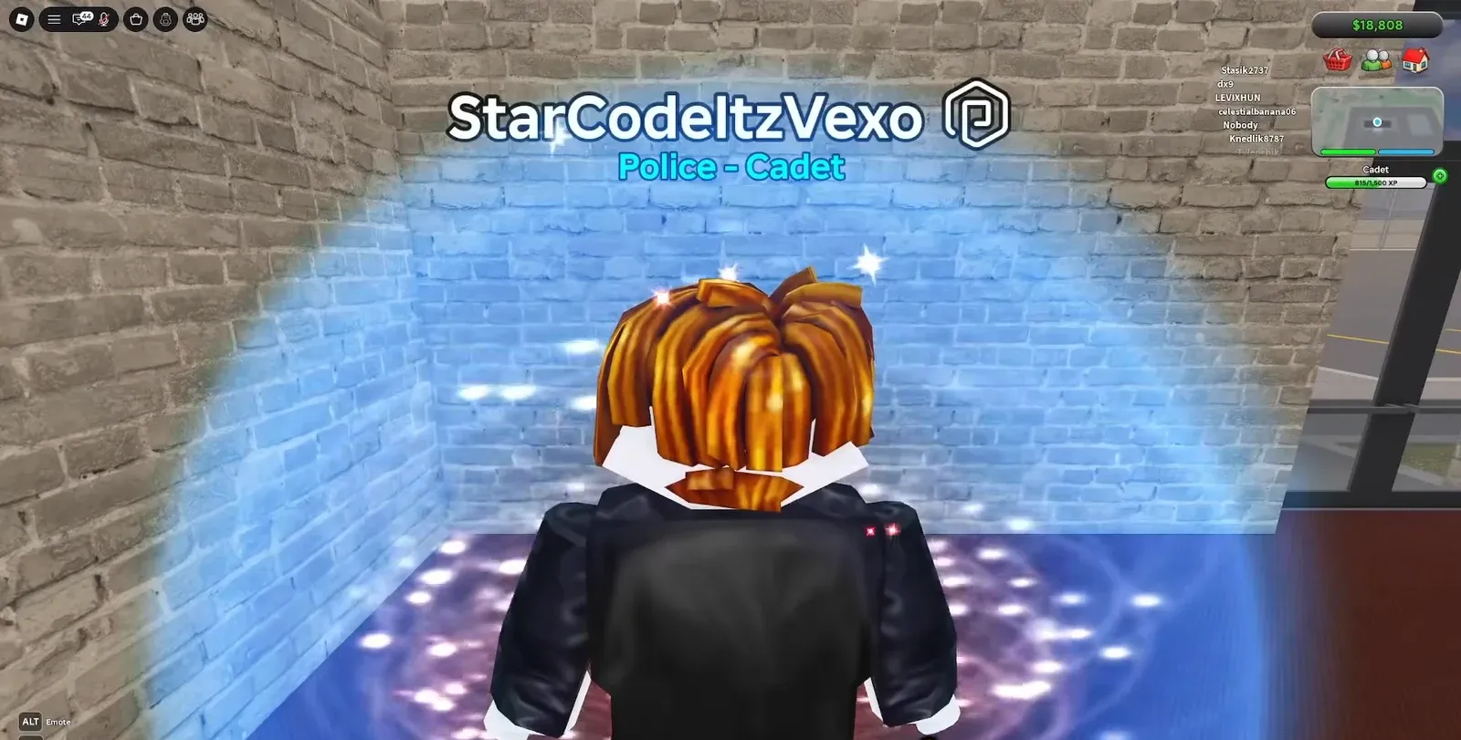 Police Cadet avatar standing on a glowing blue teleport pad in the locker room