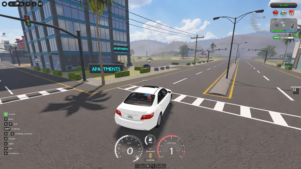 Car stopped at an intersection with the on-screen Controls panel showing keyboard inputs