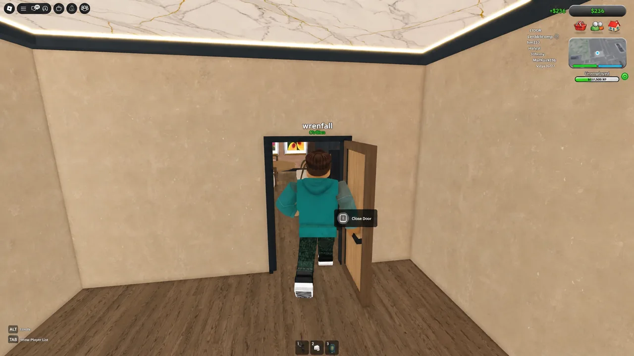 Player standing in the apartment doorway with the Close Door interaction button on screen