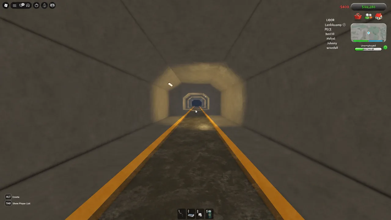 Player walking through the lit underground tunnel that leads to the printer dealer
