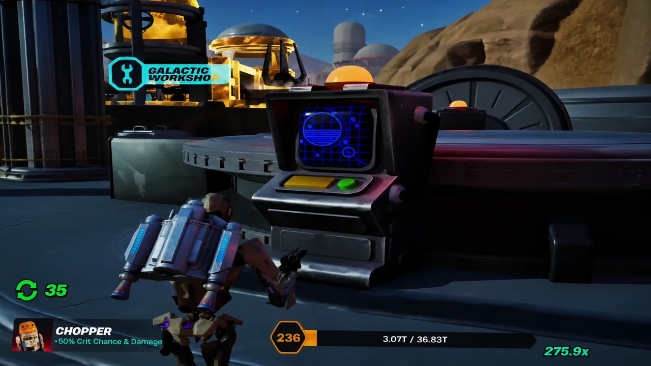 The Galactic Workshop workstation with its interactive console as the player walks up to it