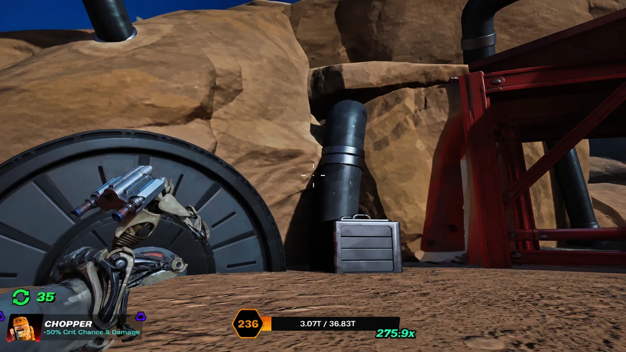 Player holding the Chopper weapon while approaching a metal crate next to industrial piping in Droid Tycoon