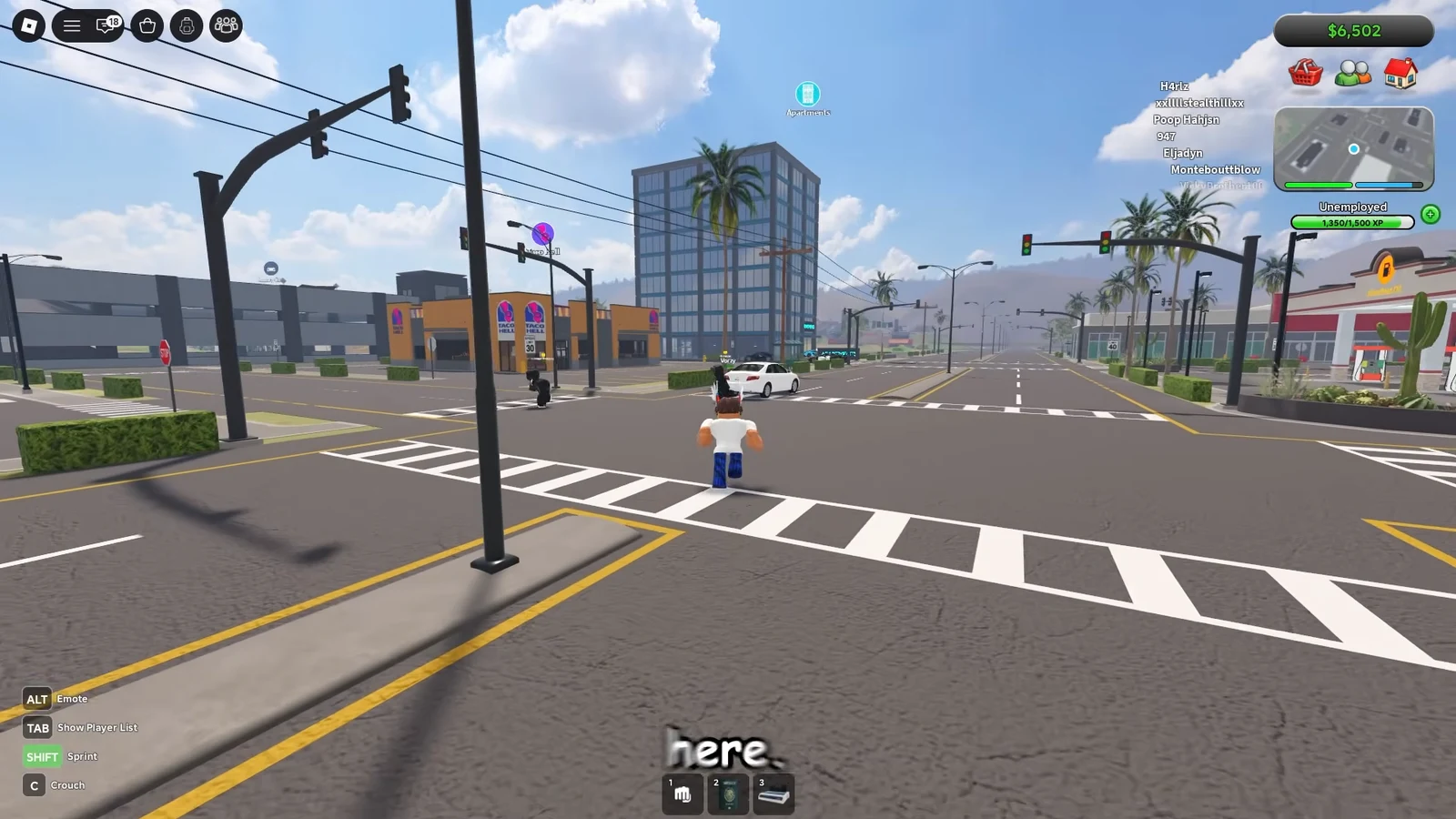 Avatar sprinting across a crosswalk toward the Taco Bell and Apartments area