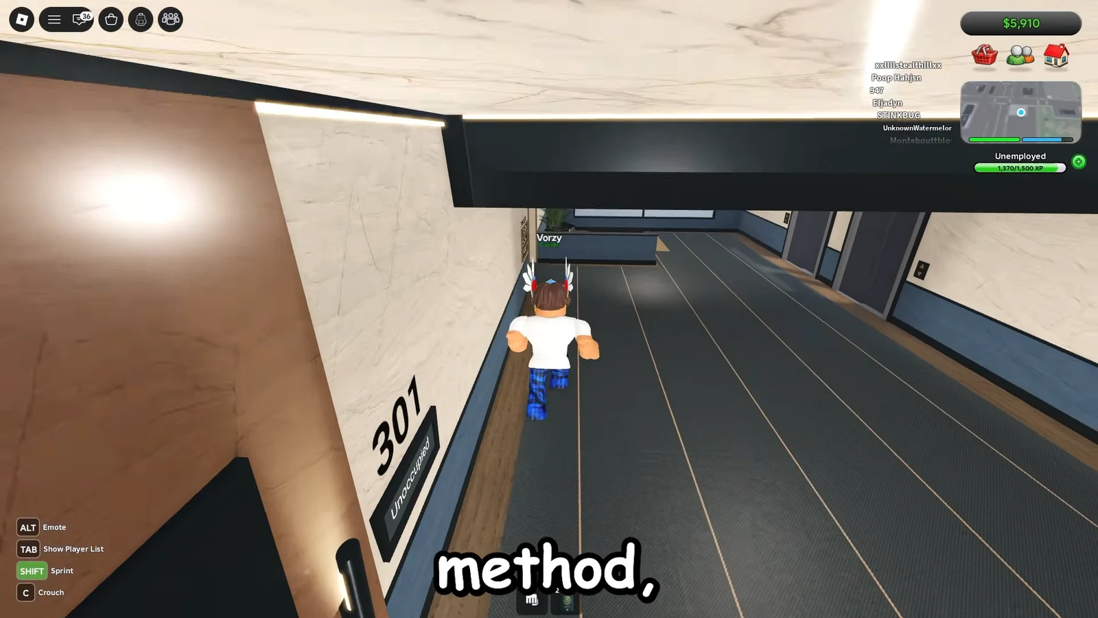 Avatar running down a hotel hallway past Room 307 marked Unoccupied