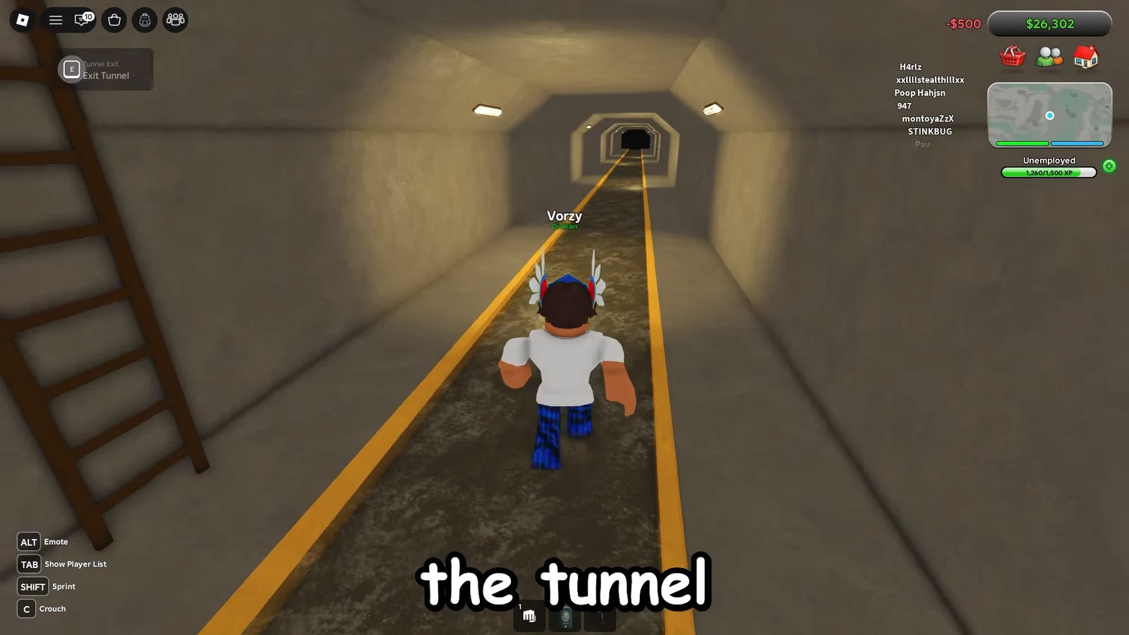 Tunnel Exit prompt showing the E key as the player moves through the tunnel