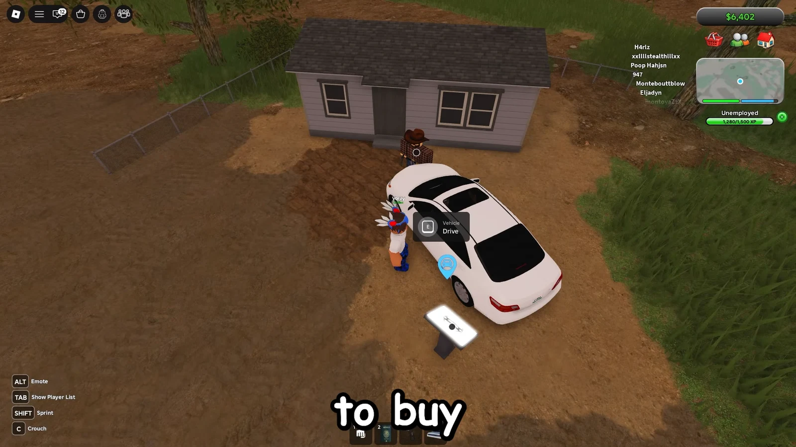 Vehicle Drive prompt showing the E key beside a white car before crossing the border