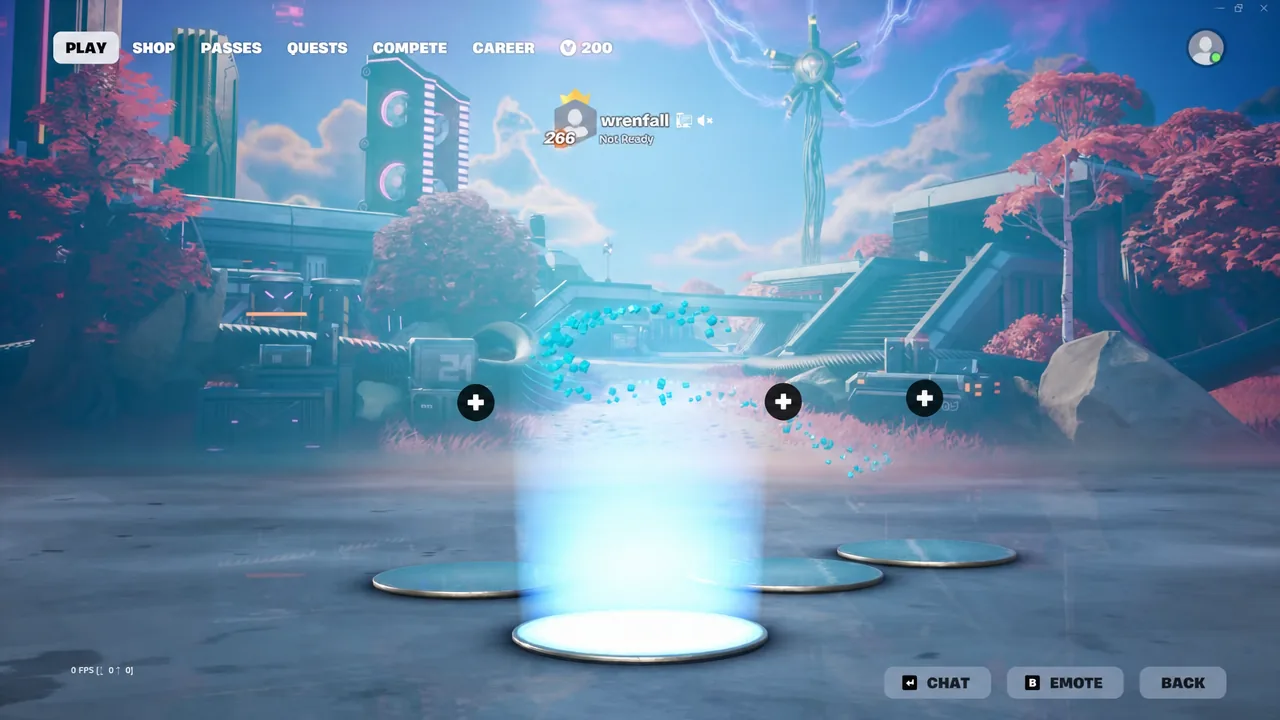 Fortnite Battle Royale lobby on the PLAY tab with open party slots