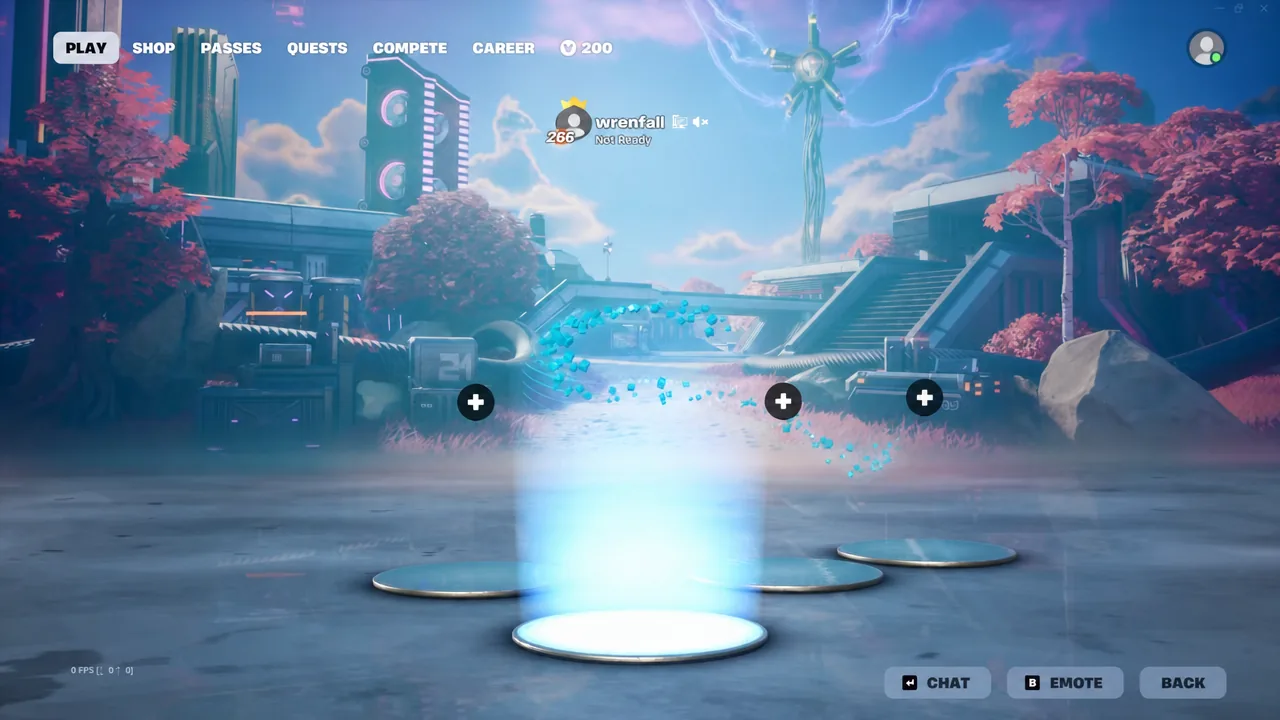 Fortnite lobby on the PLAY tab with party slots visible before queuing into a match
