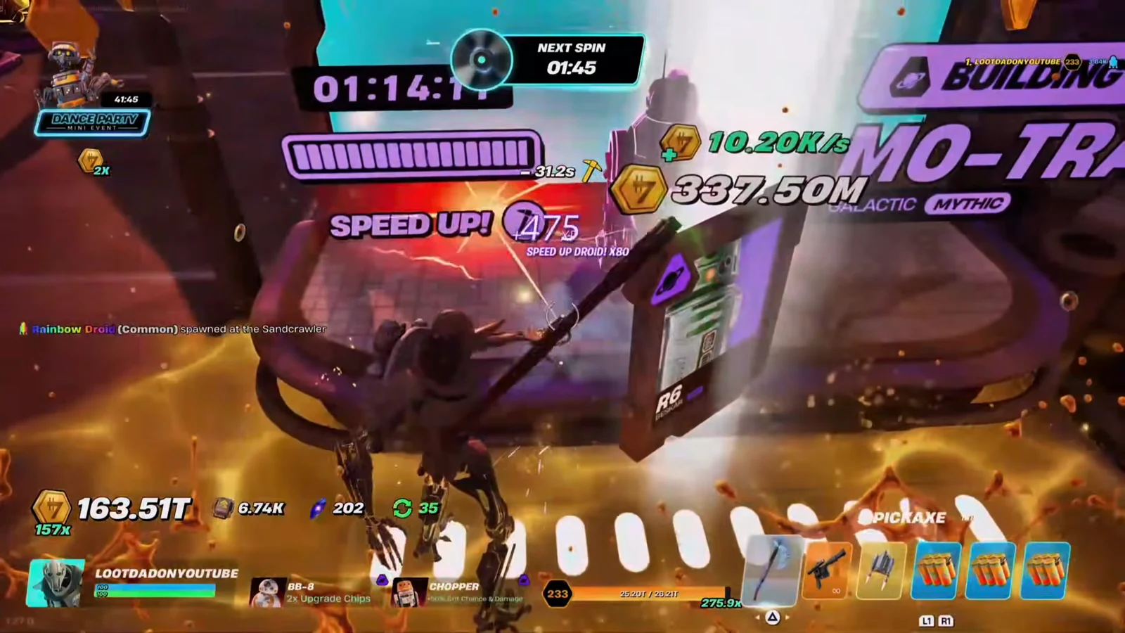 Player using the Pickaxe on a crafting device to fill the SPEED UP progress meter