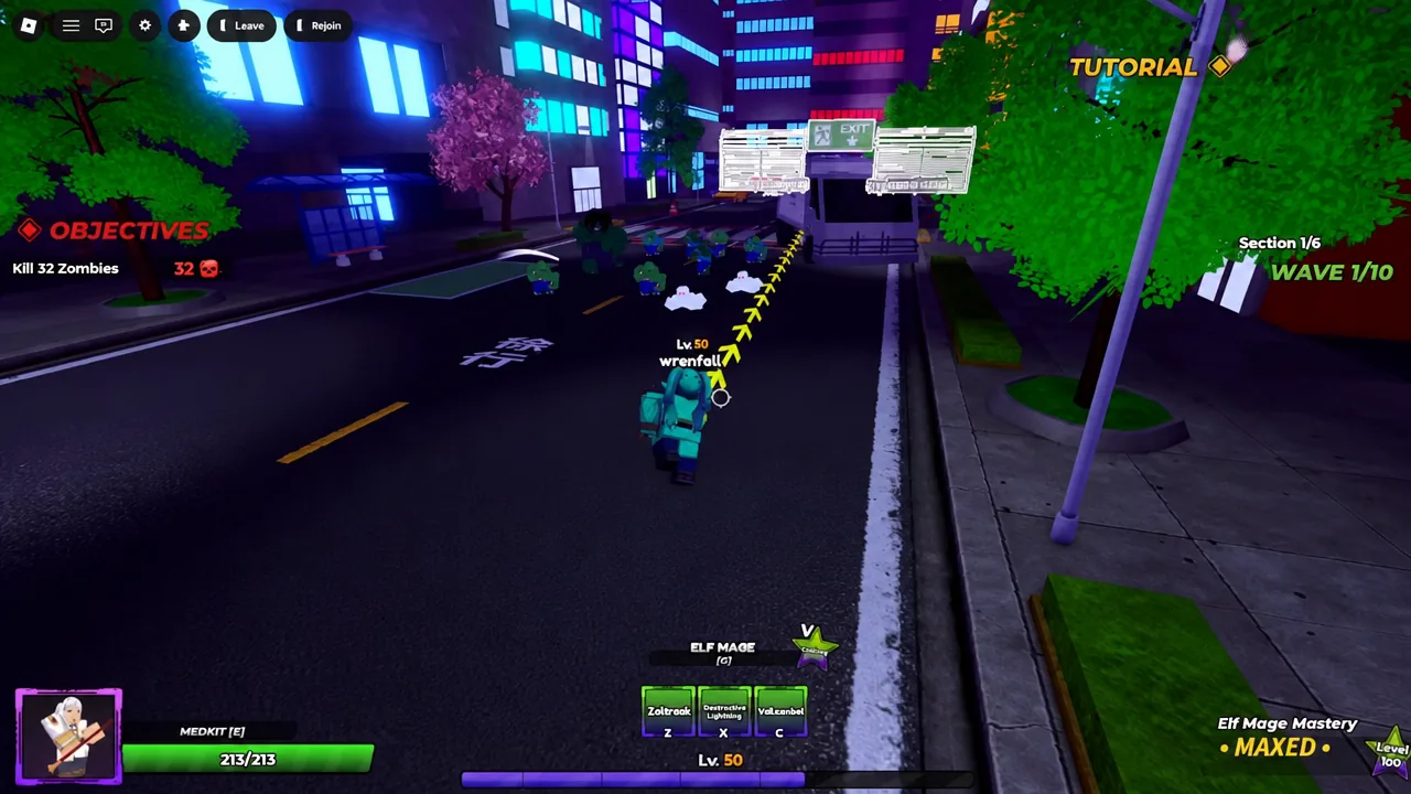 Gameplay view with a yellow waypoint path leading toward the EXIT sign during a zombie objective