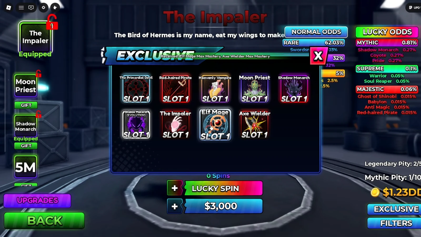 Ability gacha screen showing Exclusive slots, rarity odds, and the Lucky Spin button