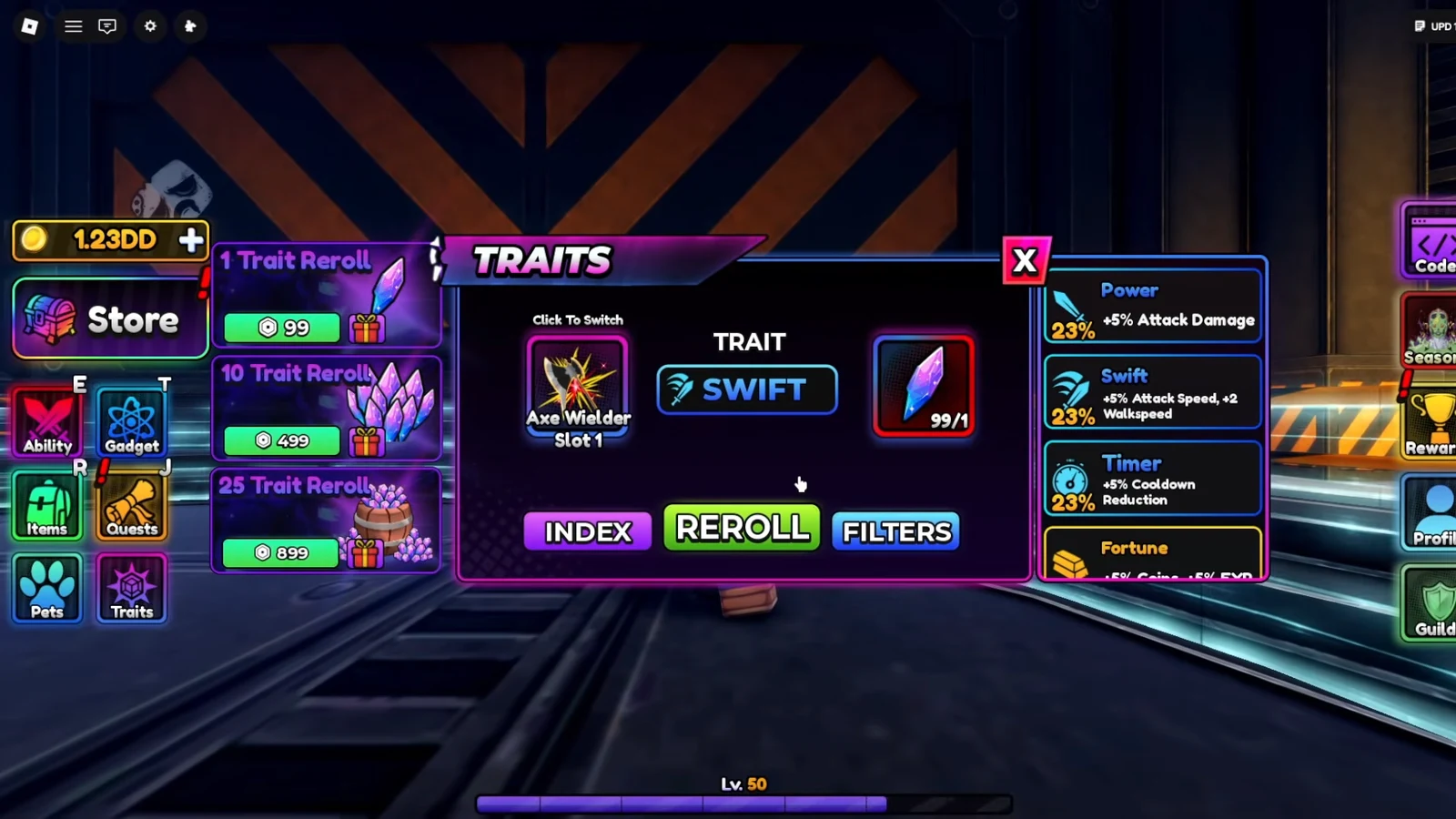Axe Wielder trait panel showing the Swift trait and a reroll priced at 99 trait crystals