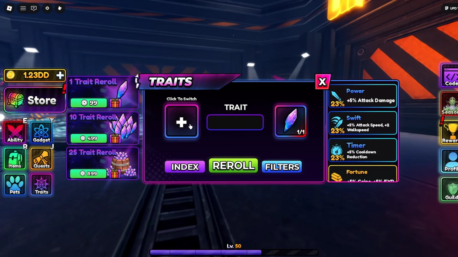 Traits menu with a trait crystal selected and the reroll button below it