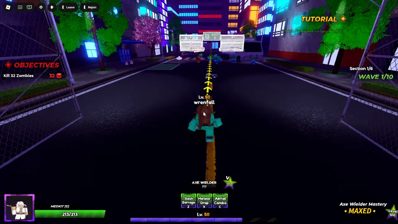 Player character following a yellow directional path toward an incoming zombie wave