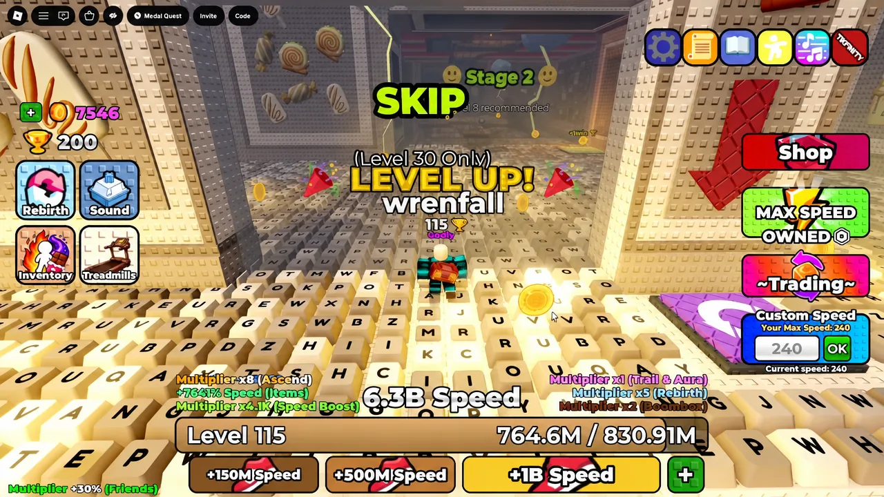 Stage 2 screen with the SKIP button highlighted during a repeat run