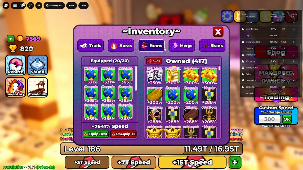 Inventory menu open on the Items tab showing equipped and owned cosmetics