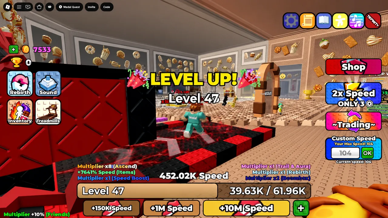 LEVEL UP notification showing Level 47 as speed and multiplier values climb on the treadmill