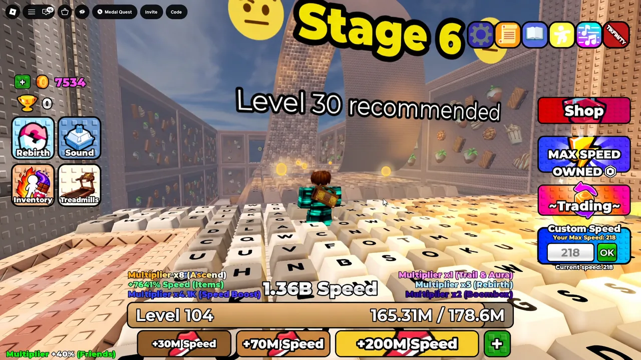 Stage 6 climb up the keyboard obstacle course with speed and level counters visible on screen