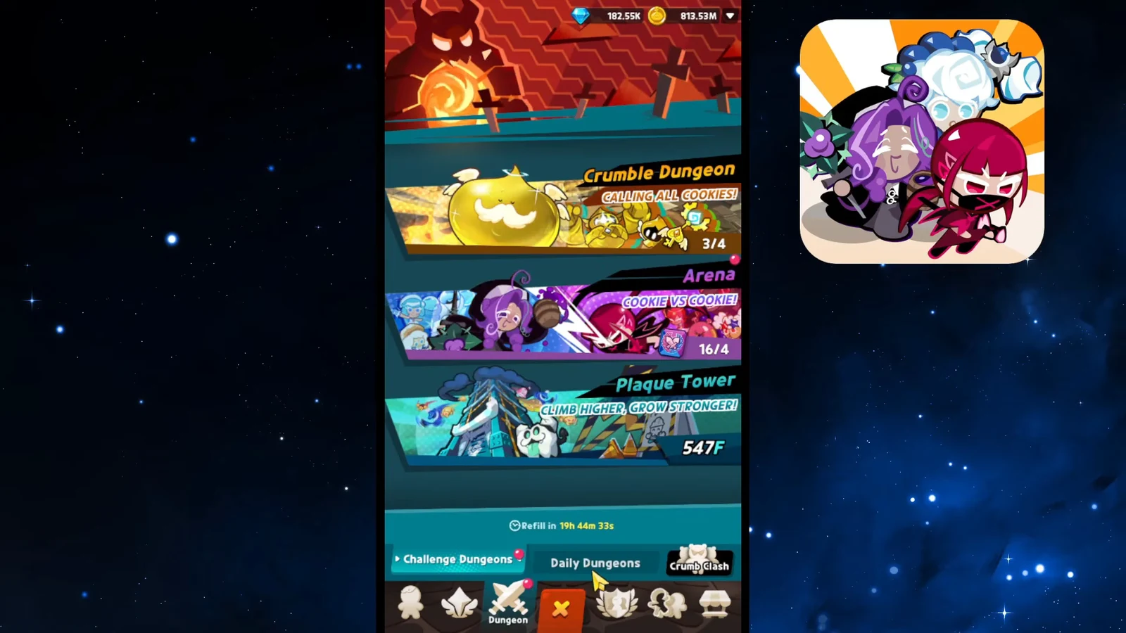 Dungeon menu with the Daily Dungeons tab selected and the available challenges listed