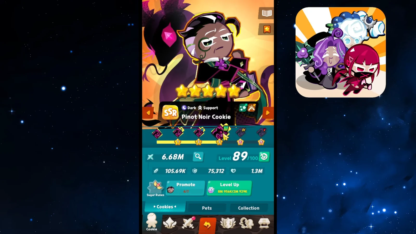 Pinot Noir Cookie detail screen showing stats with Level Up and Promote buttons