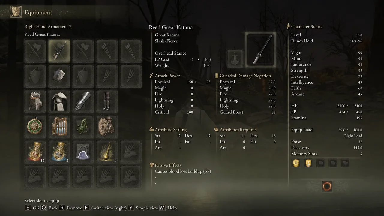 Equipment menu with the Reed Great Katana highlighted in the right hand armament slot