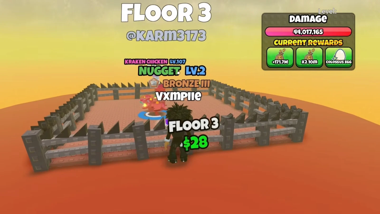 Tower combat on Floor 3 with the Damage meter and Current Rewards panel updating