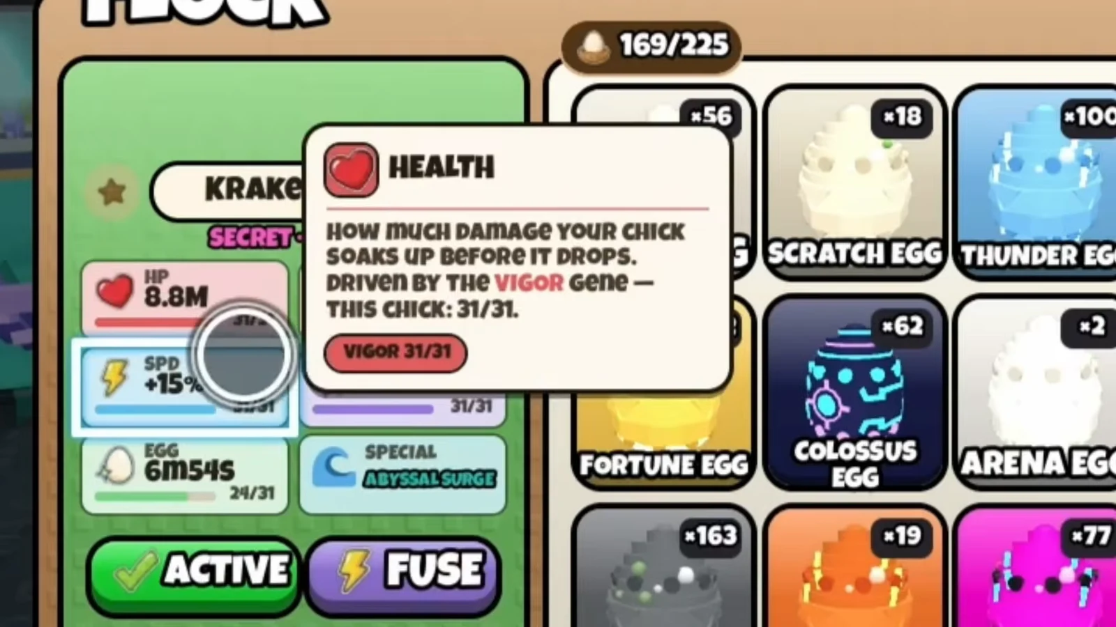 Kraken Chicken stat screen with the Health tooltip open showing Vigor 31/31