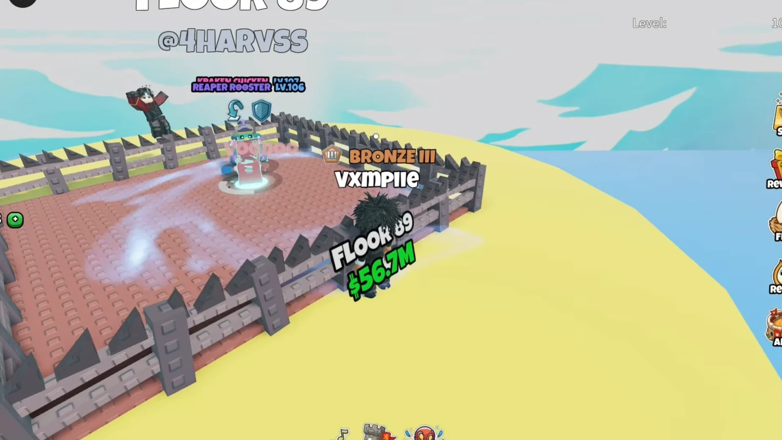Arena base showing player FlooK69 with $56.7M facing a Bronze III opponent