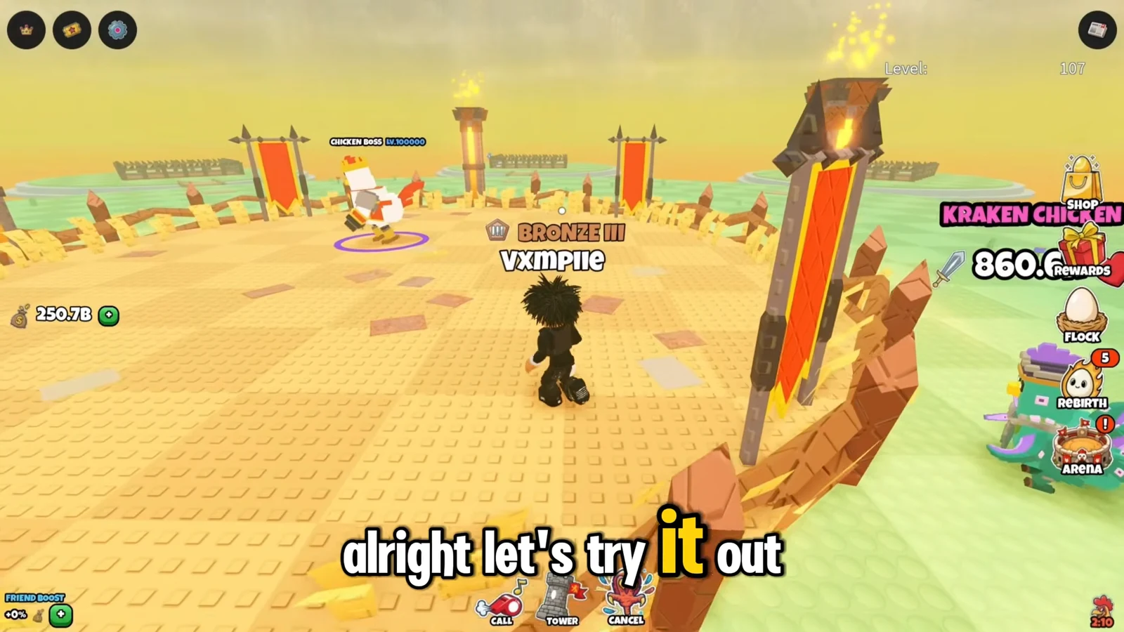 Arena screen with the player approaching the Level 100,000 Chicken Boss with Call, Tower, and Cancel controls