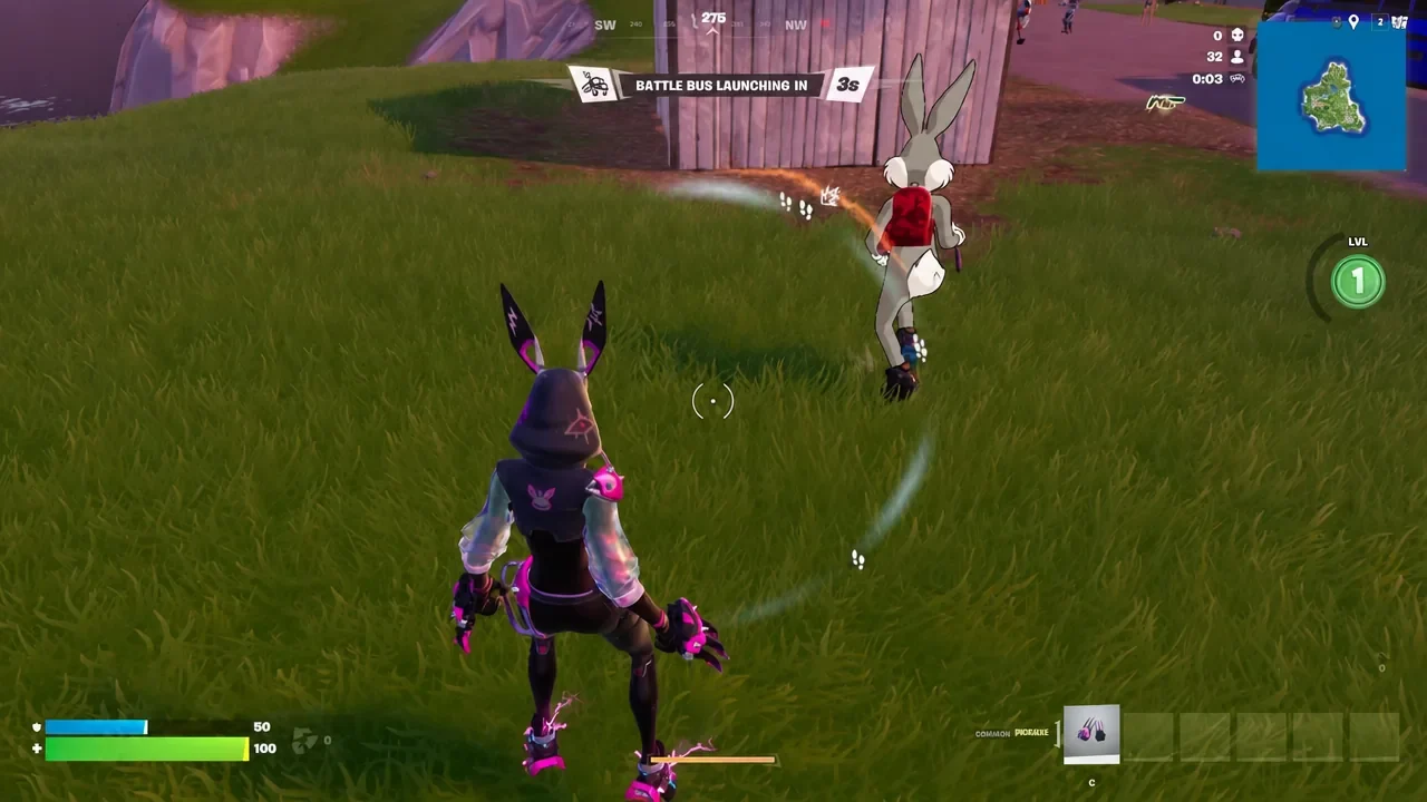 Fortnite pre-match field with the Battle Bus launching in 3s banner on screen