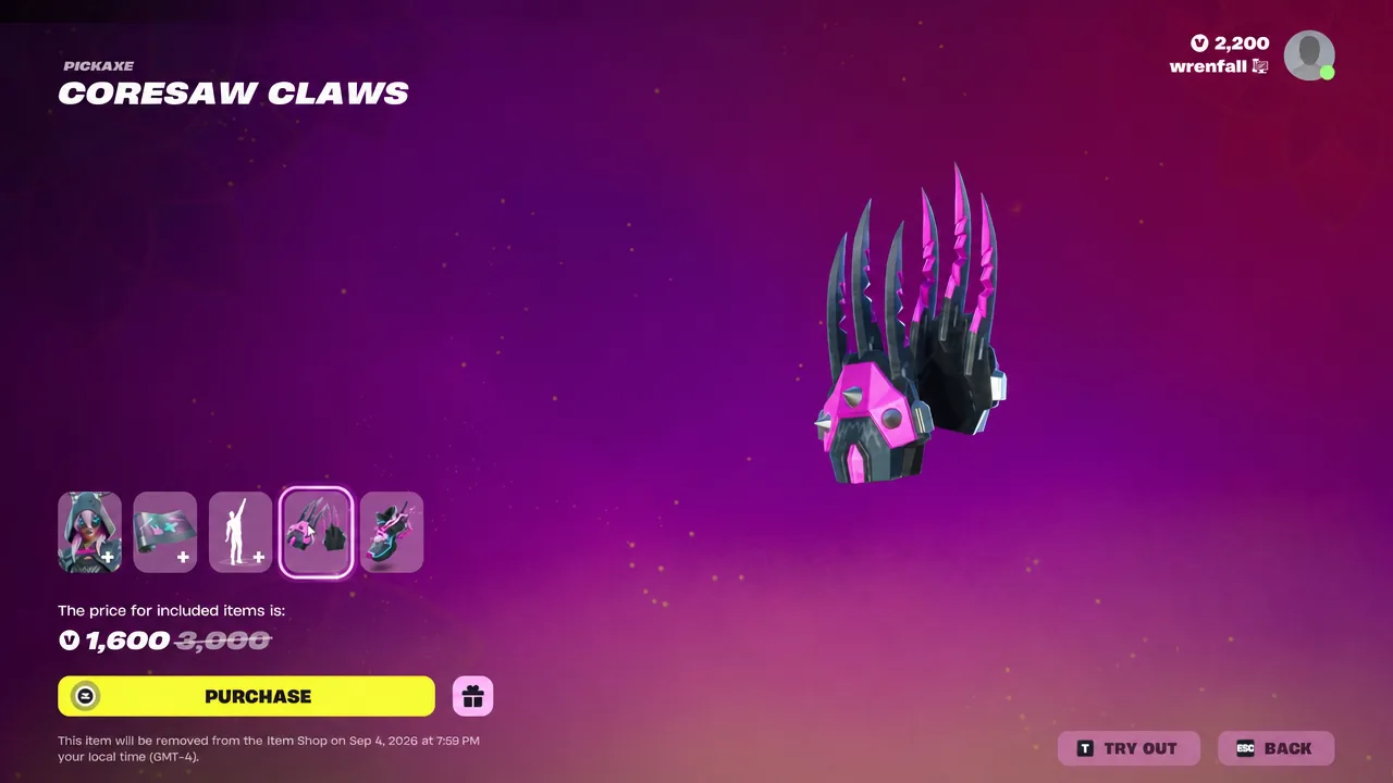Coresaw Claws pickaxe selected on its shop page with the Purchase option ready