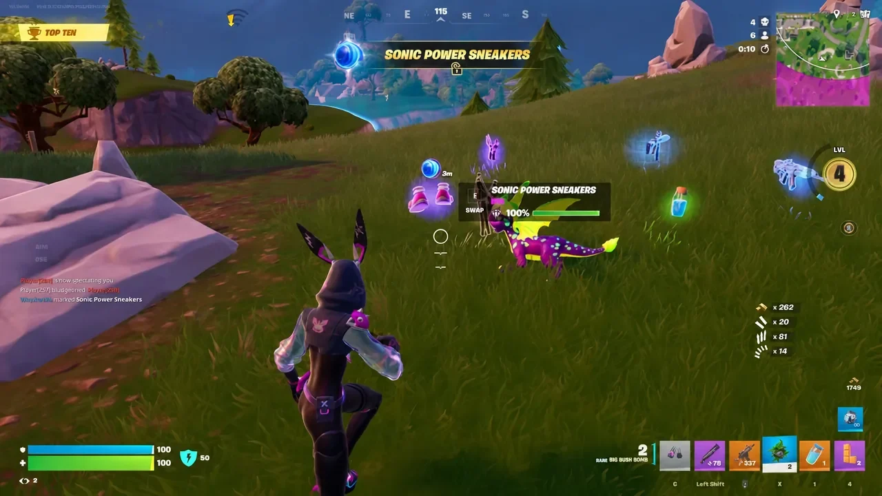 Fortnite ground loot prompt showing Sonic Power Sneakers with E Swap highlighted