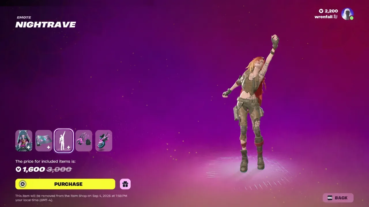 Nightrave emote item page in the Fortnite Item Shop with the Purchase button active