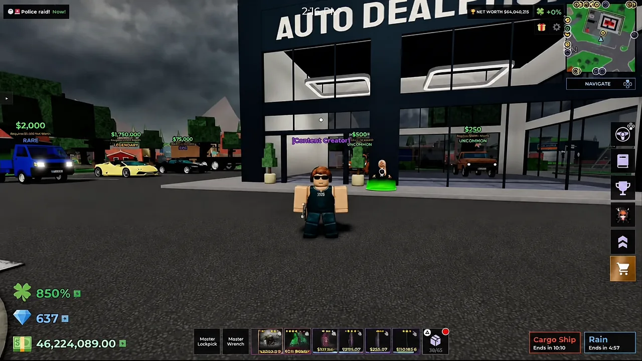 Auto Dealer menu showing the limited Police Car and Armored Police Van with their prices
