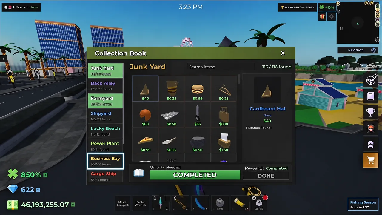 Collection Book open on the Business Bay tab with a completed Junk Yard set and the Cardboard Hat selected